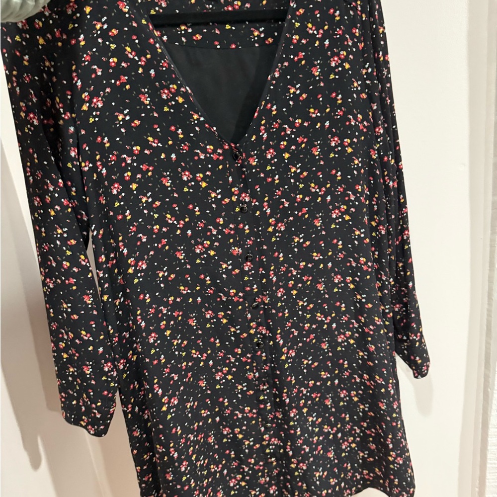 Sezane Black Multicolor Floral Long Sleeve Dress